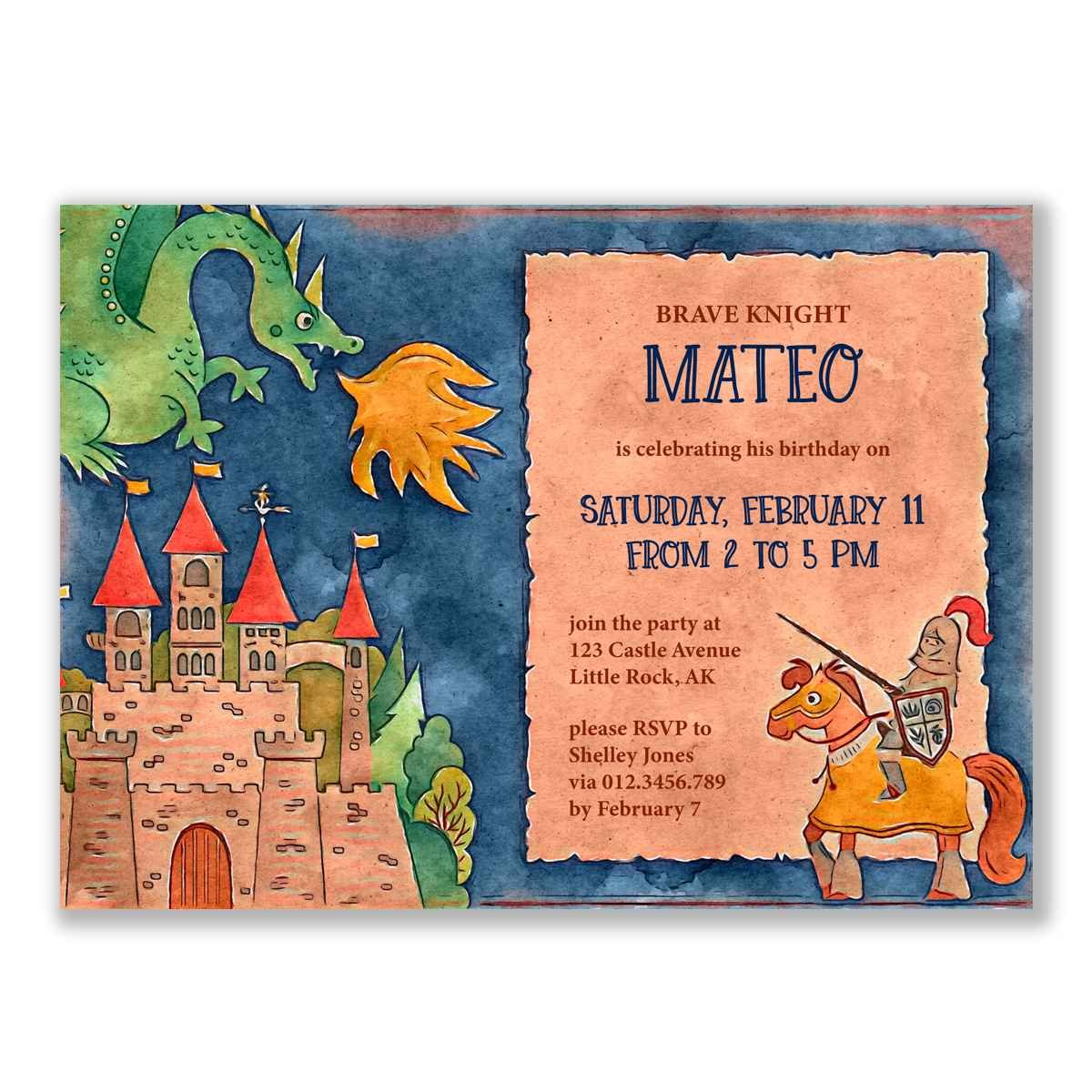 Knight And Dragon Birthday Invitation Print Cards