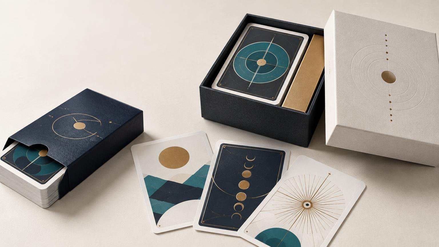 Studio product photograph of a dark tuck box and a white two-piece rigid box holding stacks of cards, with three loose cards featuring abstract teal, navy, brass and cream celestial-style geometric designs.