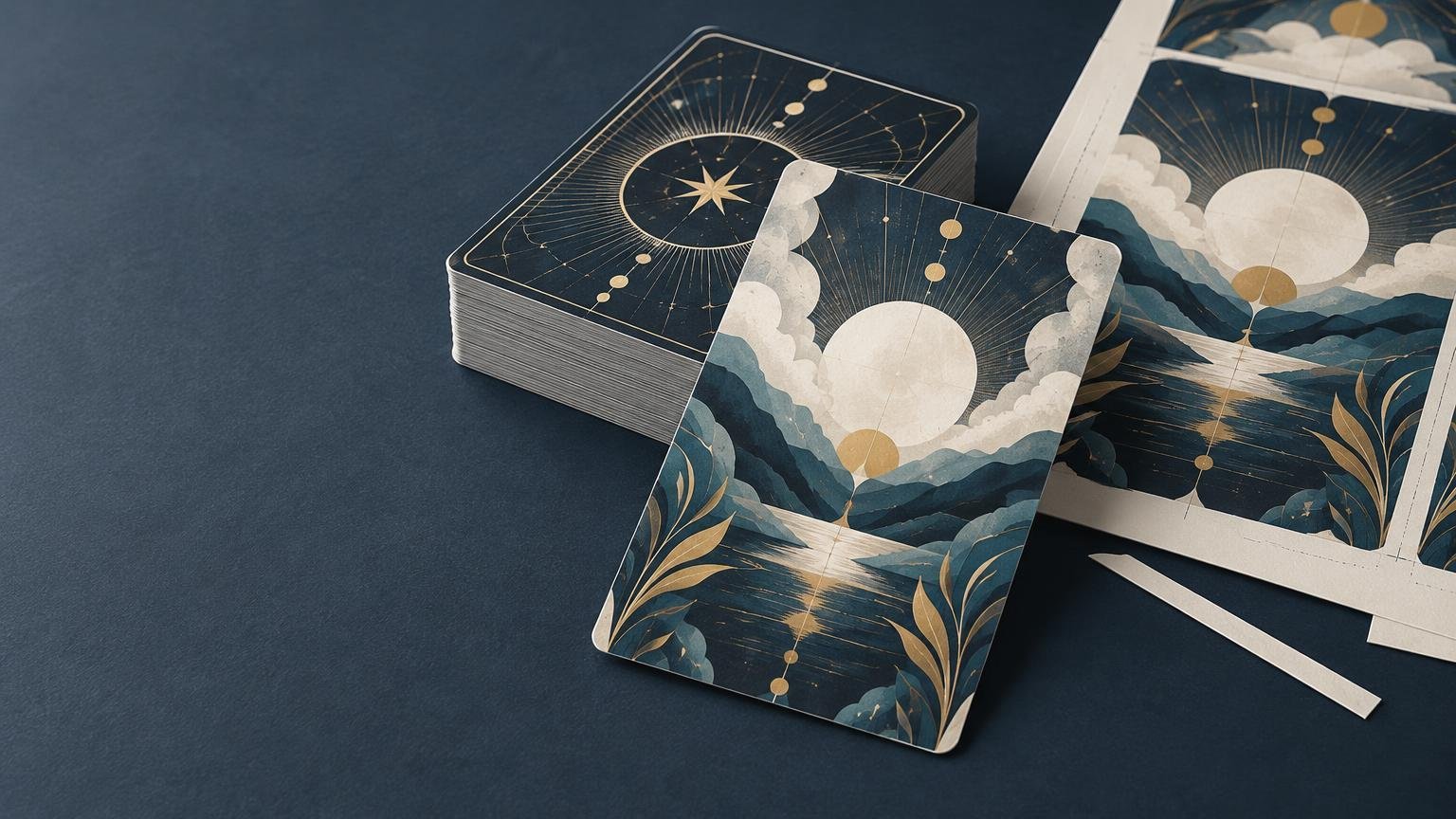 Overhead studio photograph of a dark blue tarot-style card deck with a gold starburst back beside a landscape-illustrated card and pale cut paper strips on a deep slate surface.