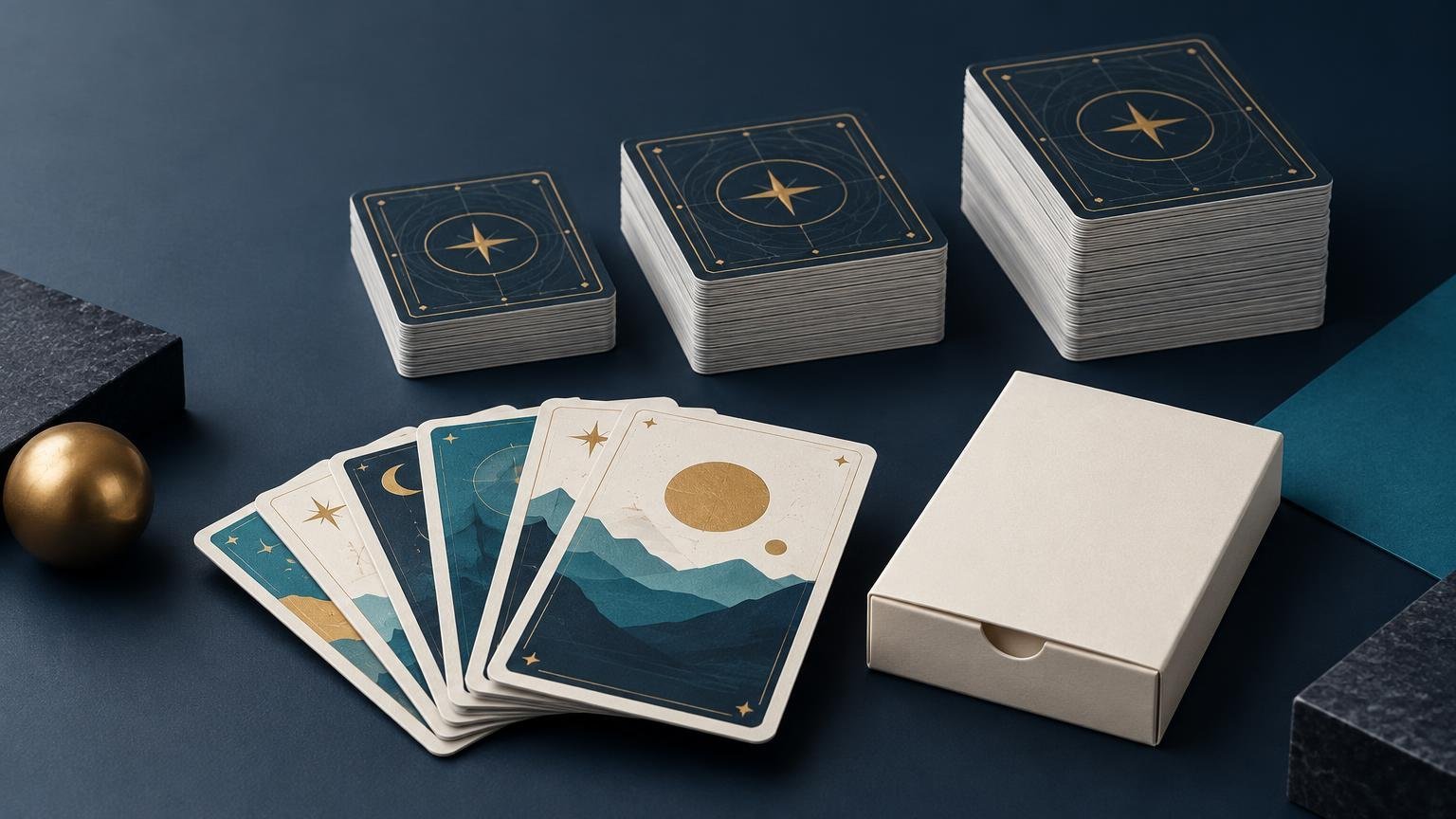 Three differently sized stacks of dark blue, gold-accented cards beside a fan of illustrated mountain-and-moon cards and a plain white card box on a slate studio surface.